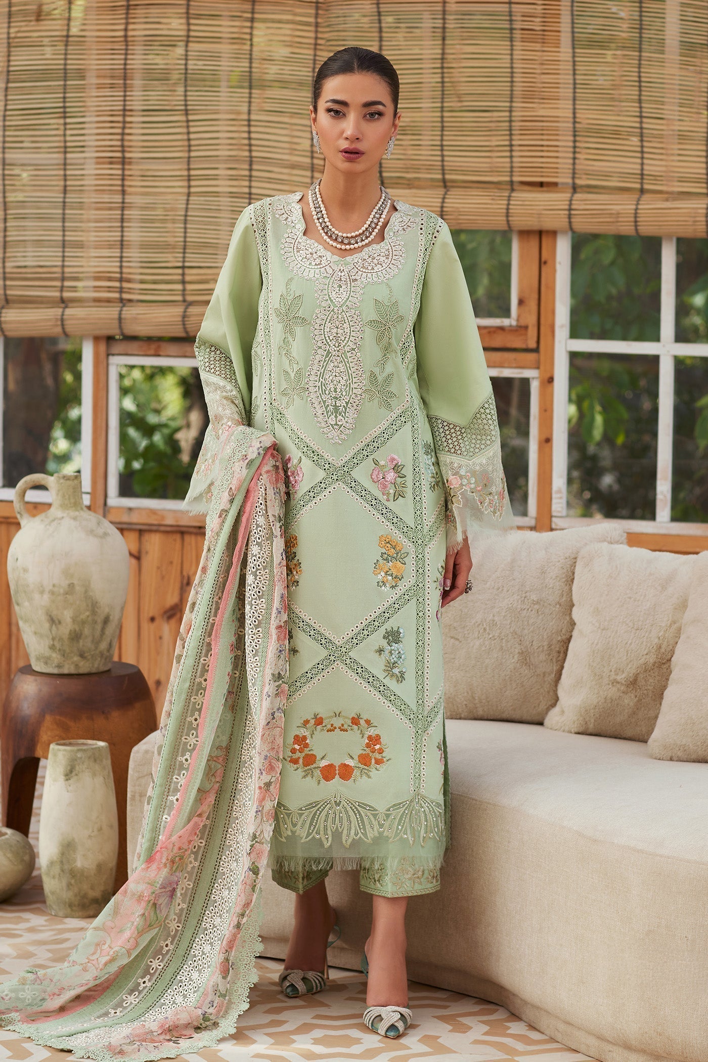 3PC LAWN CHIKAANKARI EMBROIDERED SHIRT WITH CHIFOON PRINTED DUPATTA AND EMB TROUSER-BIC-4748