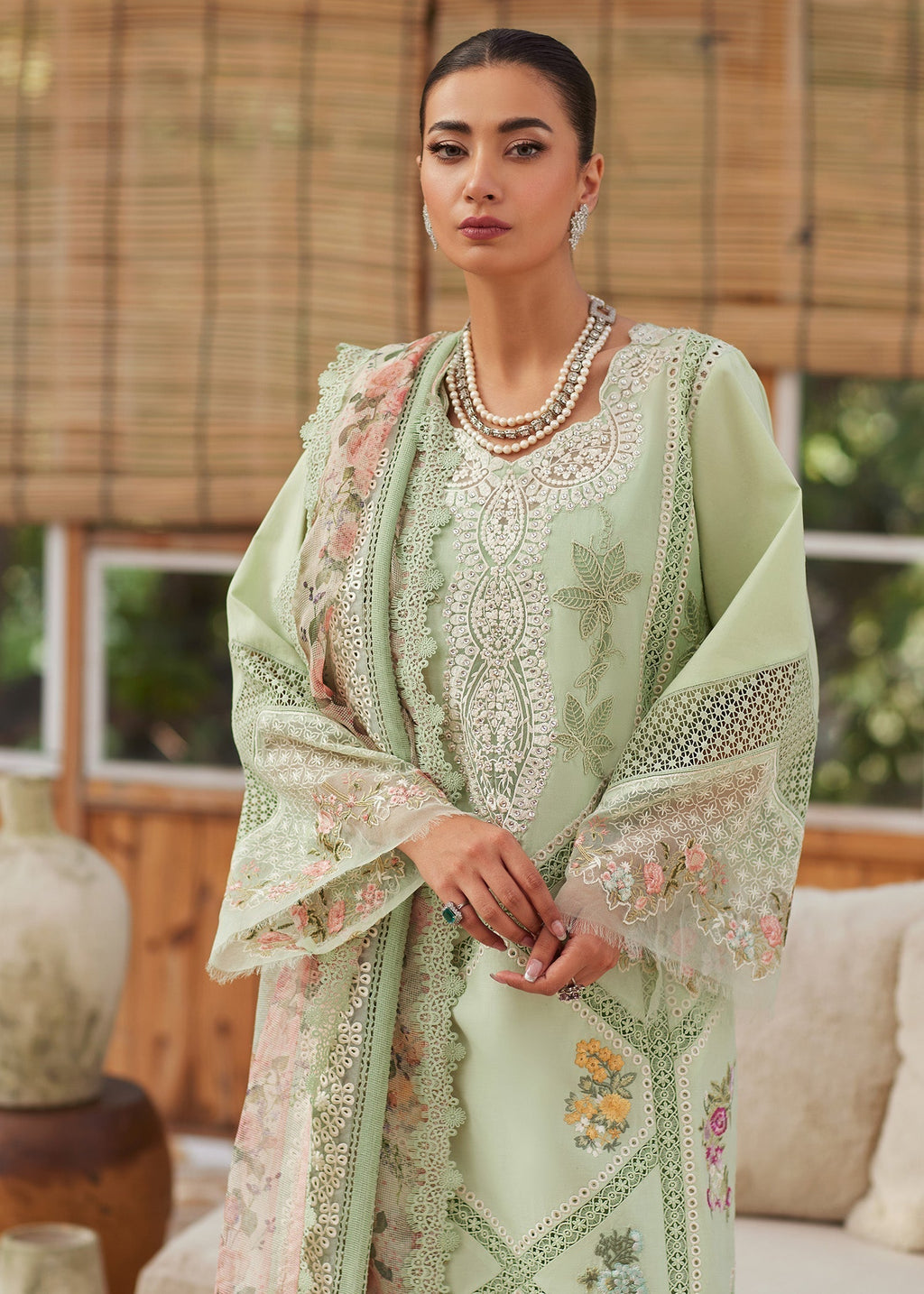 3PC LAWN CHIKAANKARI EMBROIDERED SHIRT WITH CHIFOON PRINTED DUPATTA AND EMB TROUSER-BIC-4748