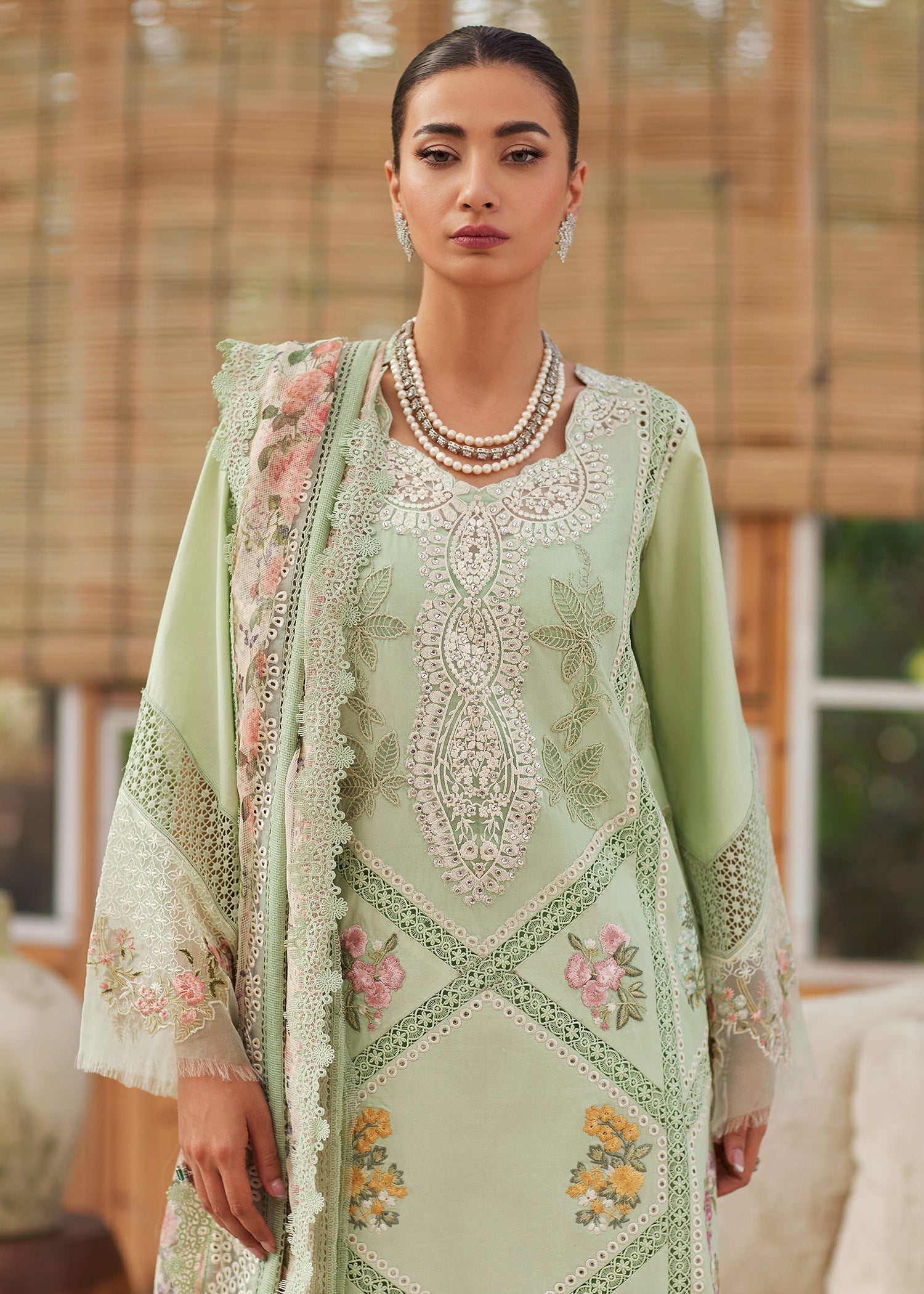 3PC LAWN CHIKAANKARI EMBROIDERED SHIRT WITH CHIFOON PRINTED DUPATTA AND EMB TROUSER-BIC-4748