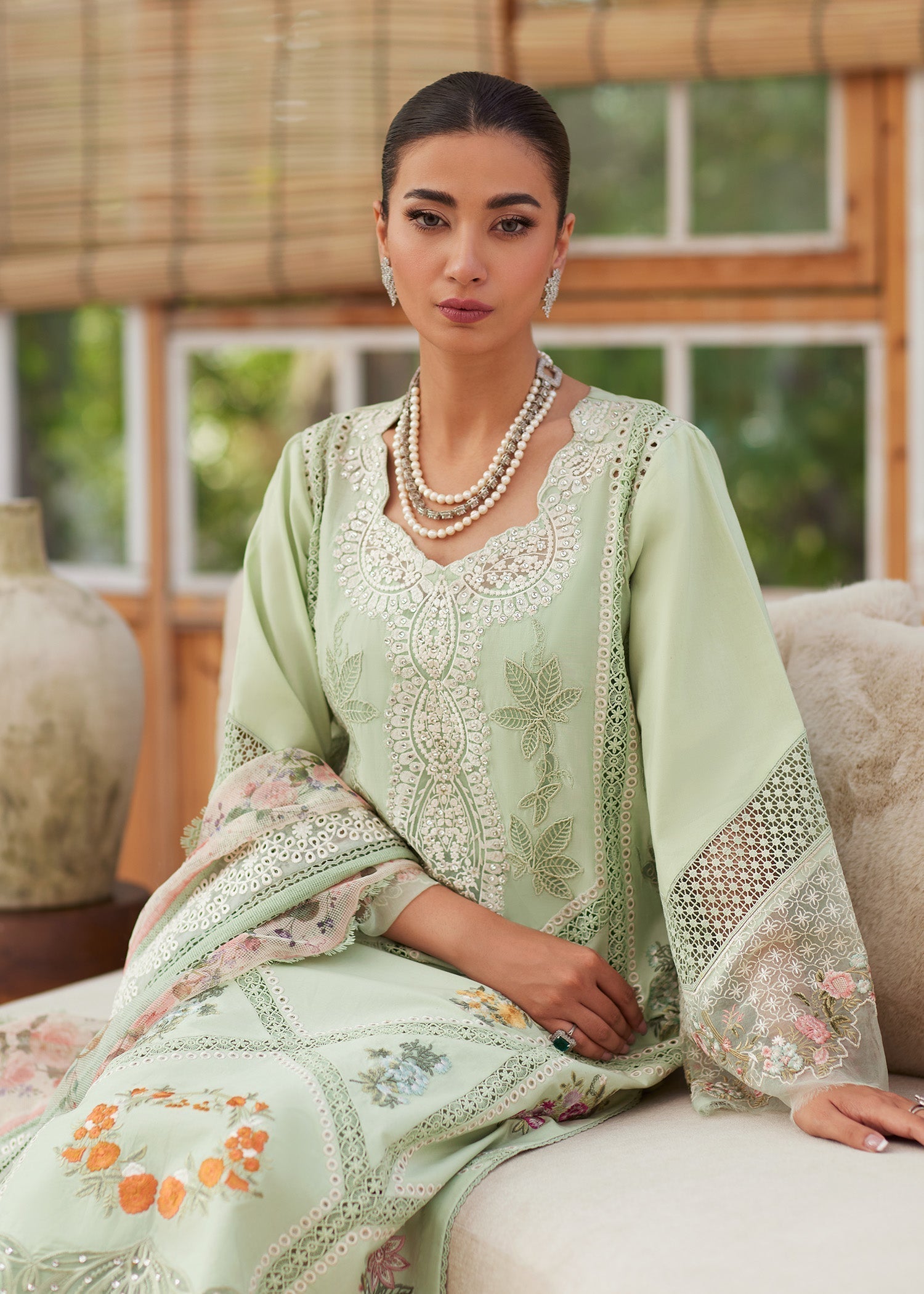3PC LAWN CHIKAANKARI EMBROIDERED SHIRT WITH CHIFOON PRINTED DUPATTA AND EMB TROUSER-BIC-4748