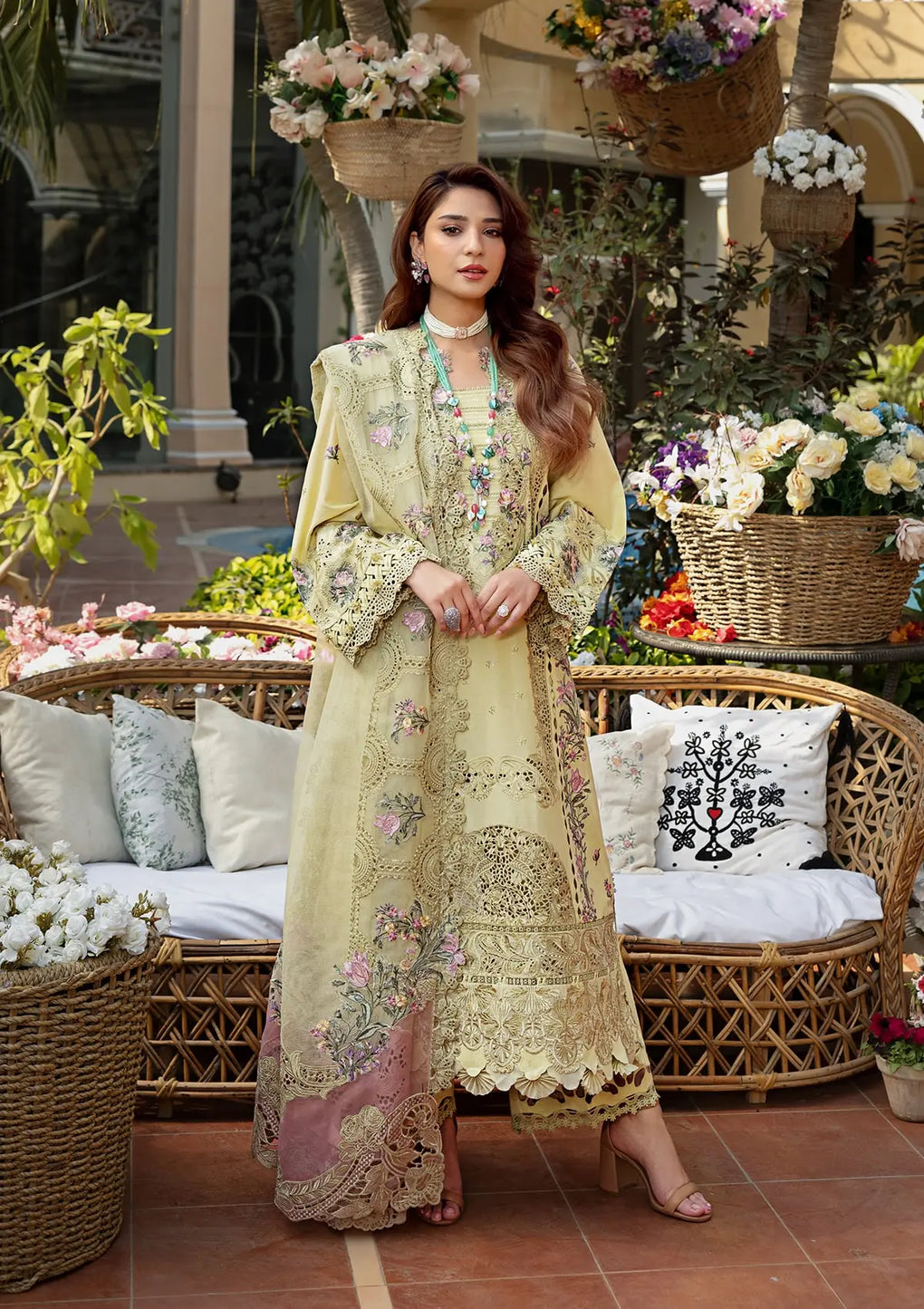 3PC LAWN CHIKANKARI EMBROIDERED SHIRT WITH KHAADI NET EMB DUPATTA AND EMB TROUSER-BIC-4601