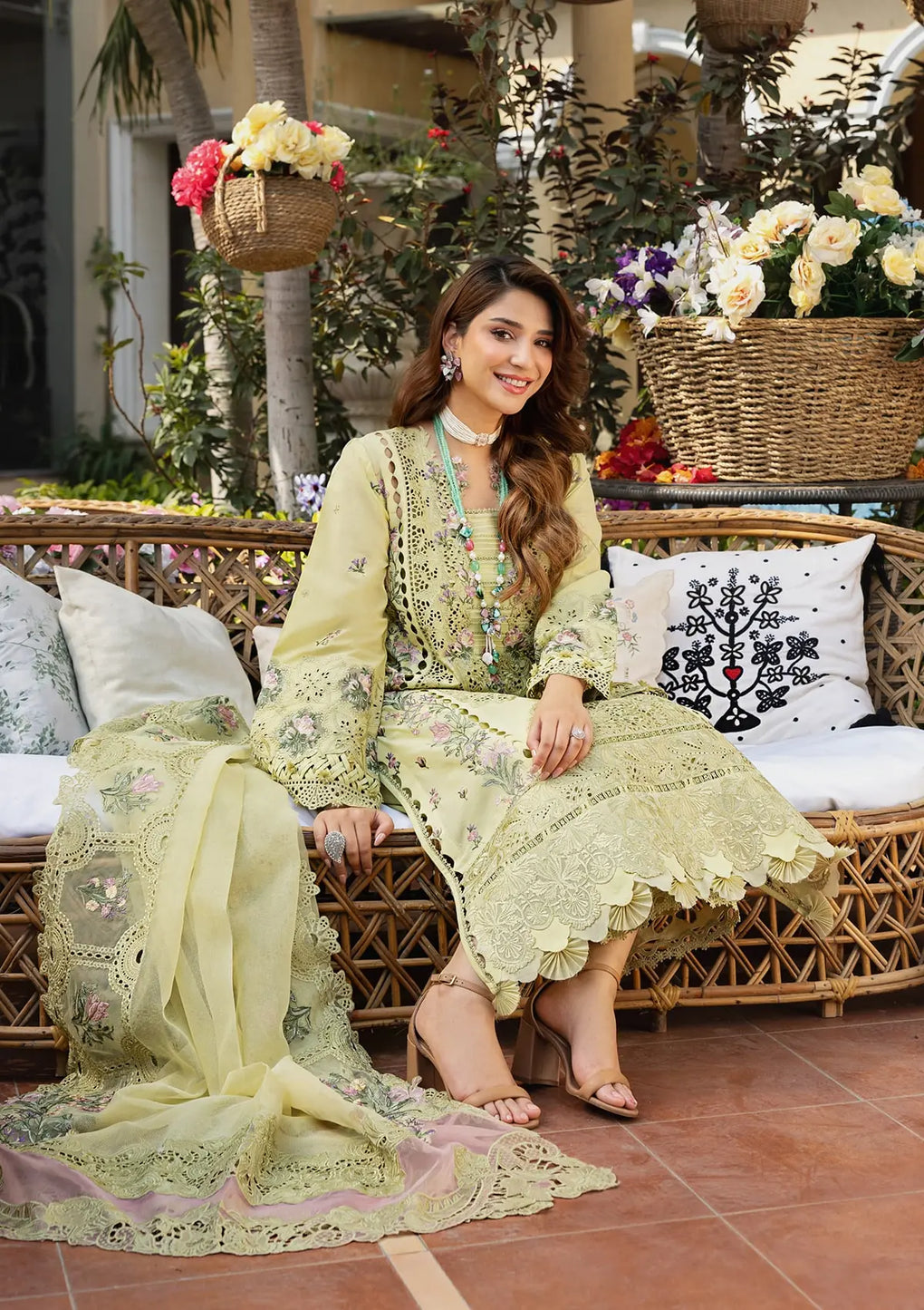 3PC LAWN CHIKANKARI EMBROIDERED SHIRT WITH KHAADI NET EMB DUPATTA AND EMB TROUSER-BIC-4601