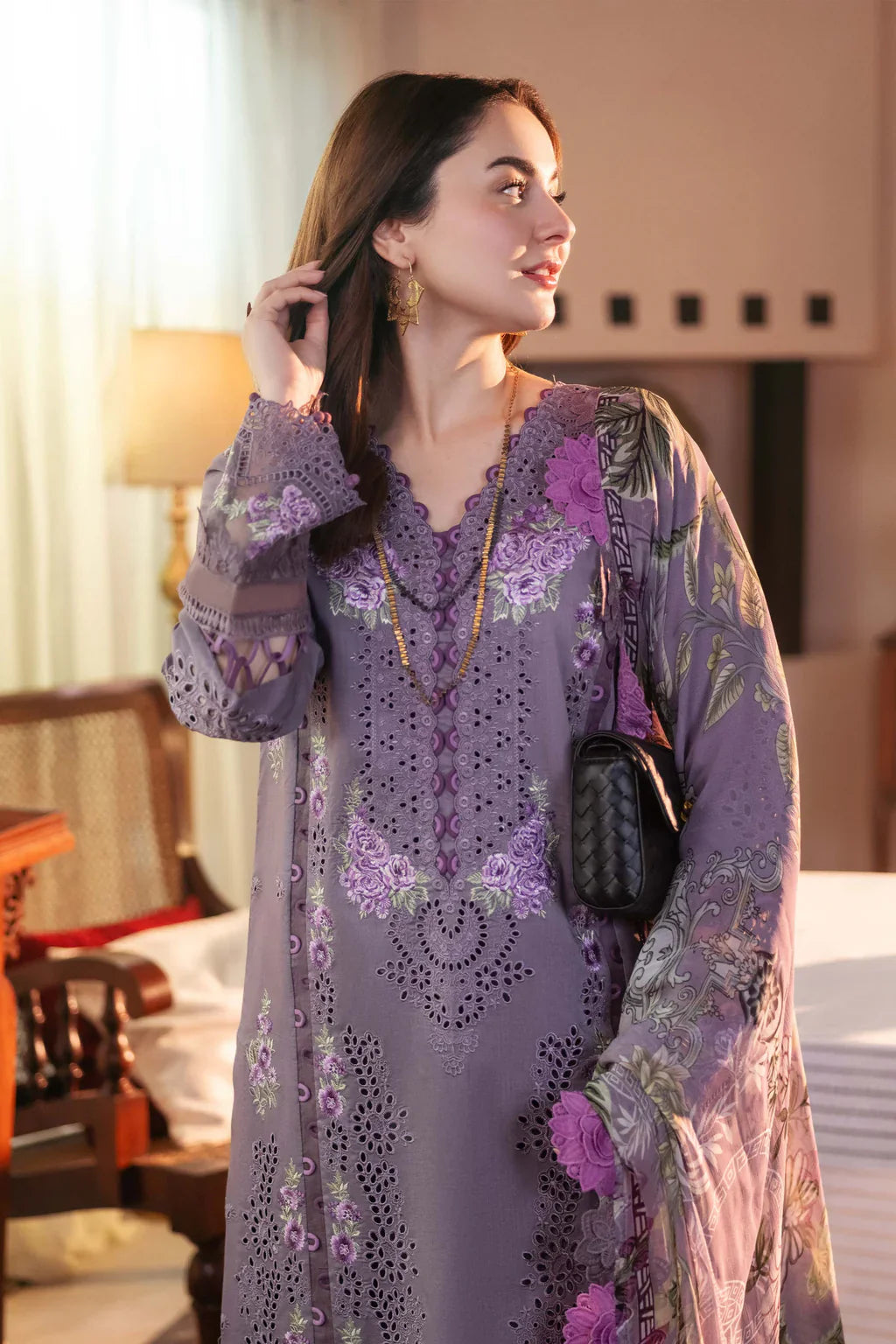 3PC LAWN CHIKAN EMBROIDERED SHIRT WITH CHIFFON PRINTED DUPATTA AND TROUSER-BIC-4516