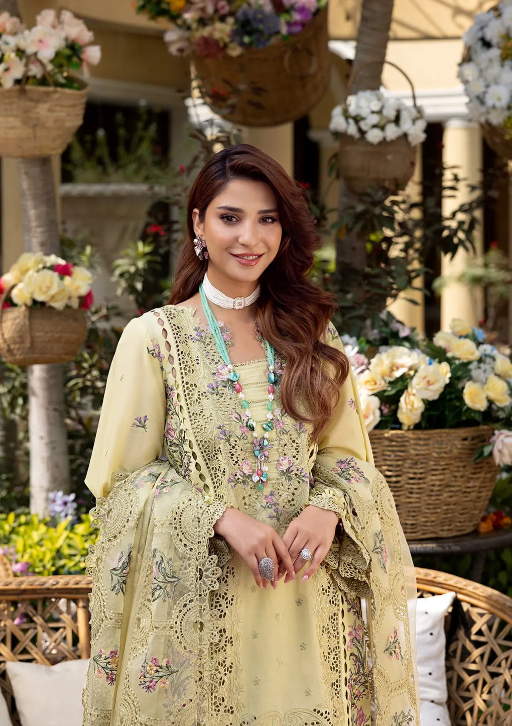 3PC LAWN CHIKANKARI EMBROIDERED SHIRT WITH KHAADI NET EMB DUPATTA AND EMB TROUSER-BIC-4601