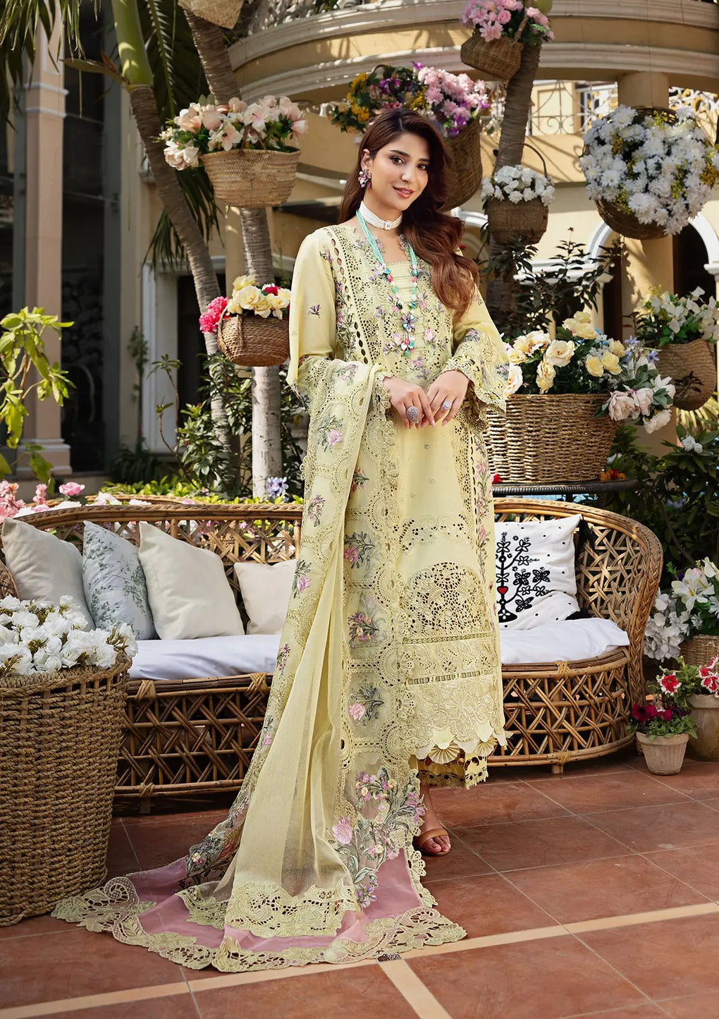 3PC LAWN CHIKANKARI EMBROIDERED SHIRT WITH KHAADI NET EMB DUPATTA AND EMB TROUSER-BIC-4601