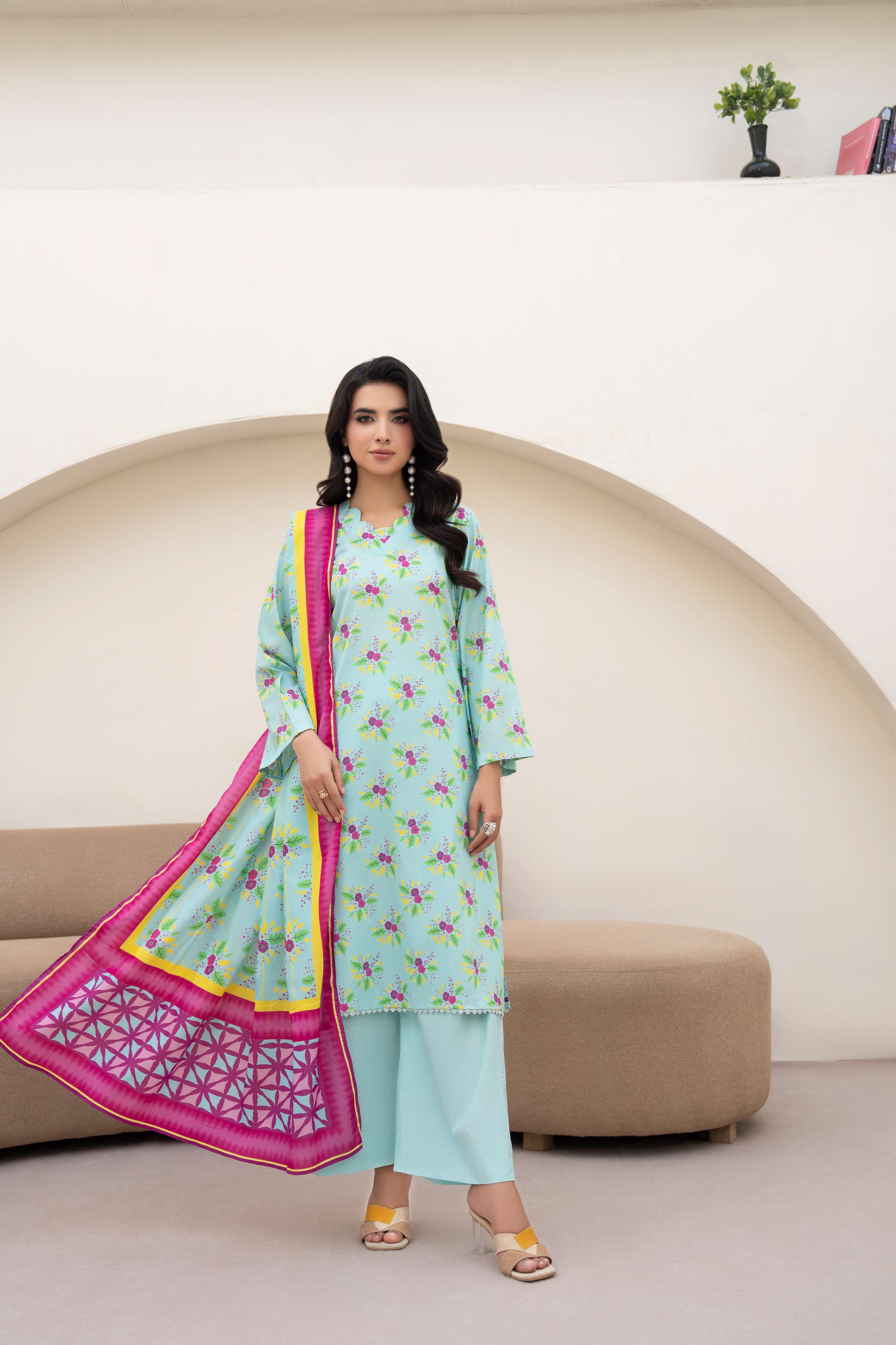 3PC LAWN PRINTED SHIRT WITH LAWN PRINT DUPATTA AND CAMBRIC TROUSER-P-4514