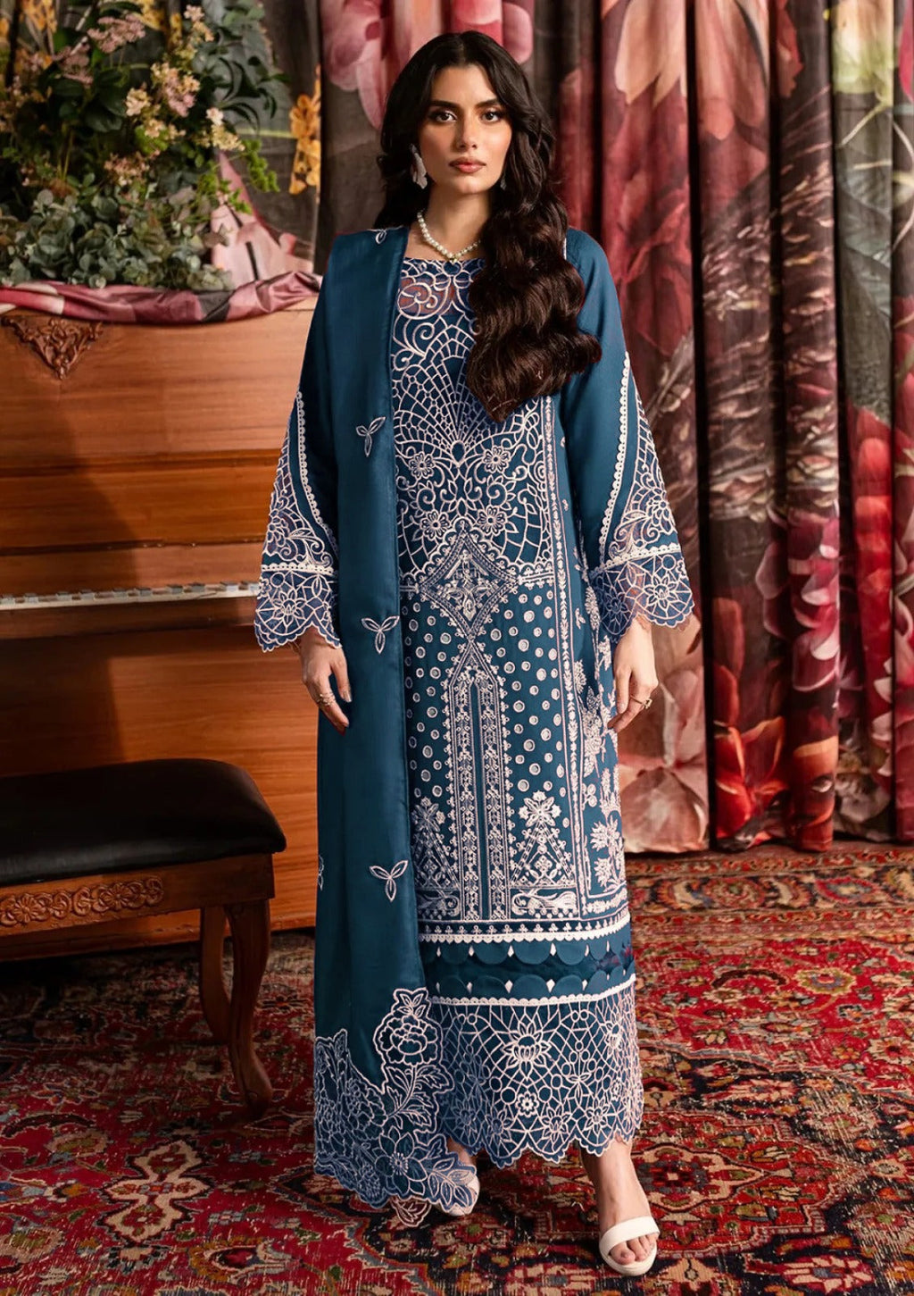 3PC CHIKANKAARI LAWN LASER WORK EMBROIDERED SHIRT WITH KHADDI NET EMBROIDERED DUPATTA AND TROUSER-BIC-4712