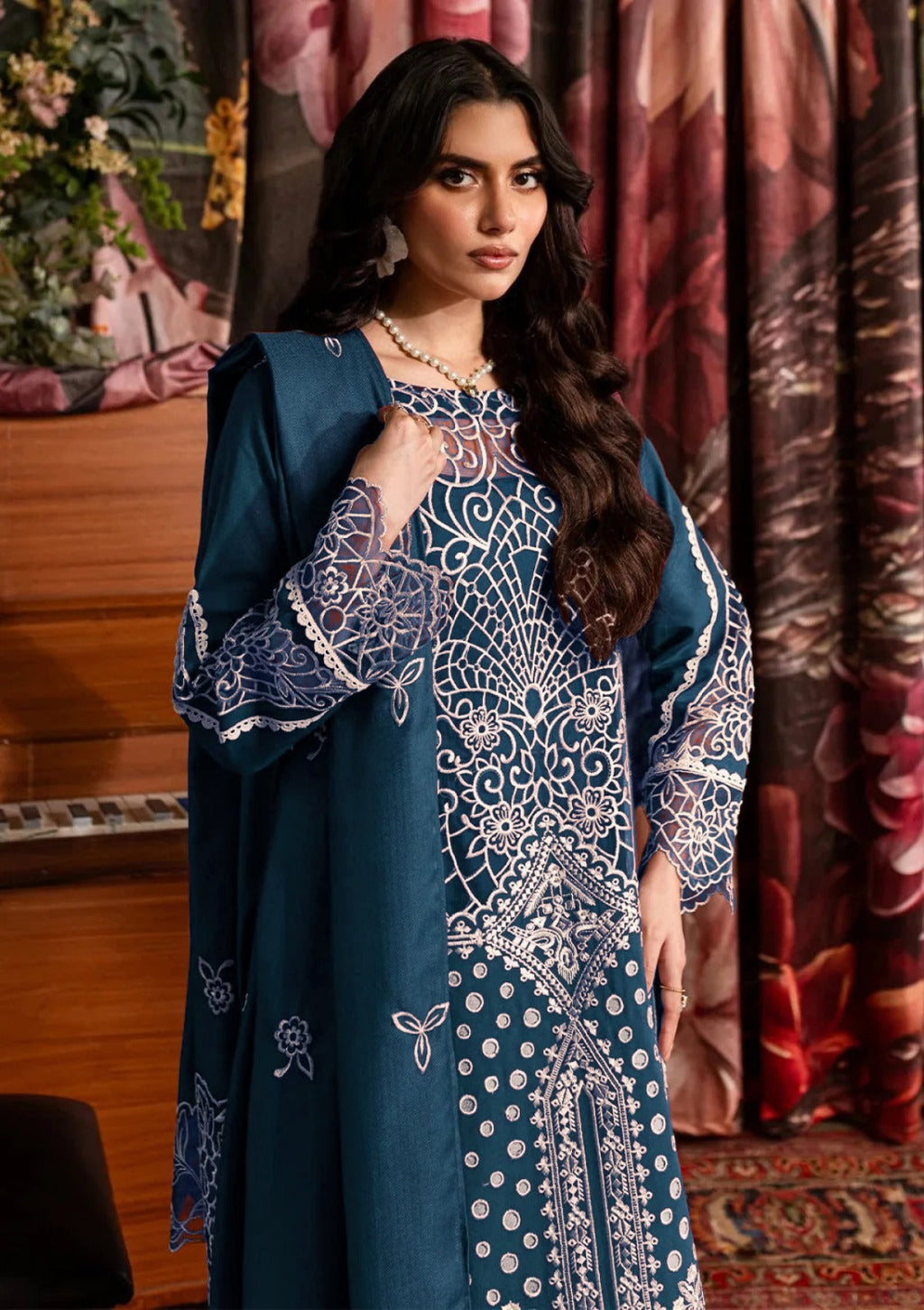 3PC CHIKANKAARI LAWN LASER WORK EMBROIDERED SHIRT WITH KHADDI NET EMBROIDERED DUPATTA AND TROUSER-BIC-4712