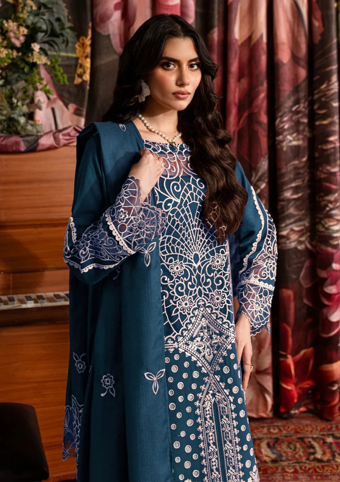3PC CHIKANKAARI LAWN LASER WORK EMBROIDERED SHIRT WITH KHADDI NET EMBROIDERED DUPATTA AND TROUSER-BIC-4712