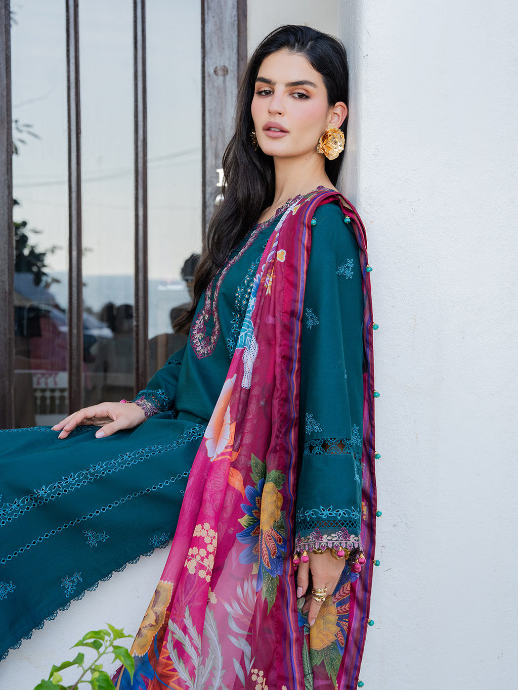 3PC LAWN EMBROIDERED SHIRT WITH CHIFFON PRINT DUPATTA AND EMB TROUSER-BIC-4841