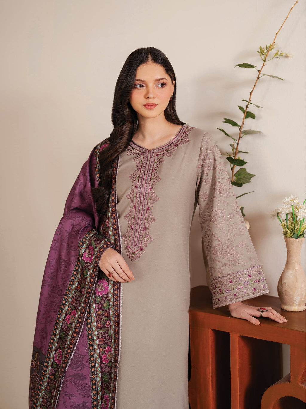 3PC LAWN EMBROIDERED SHIRT WITH CHIFFON PRINTED DUPATTA AND EMB TROUSER-BIC-4617