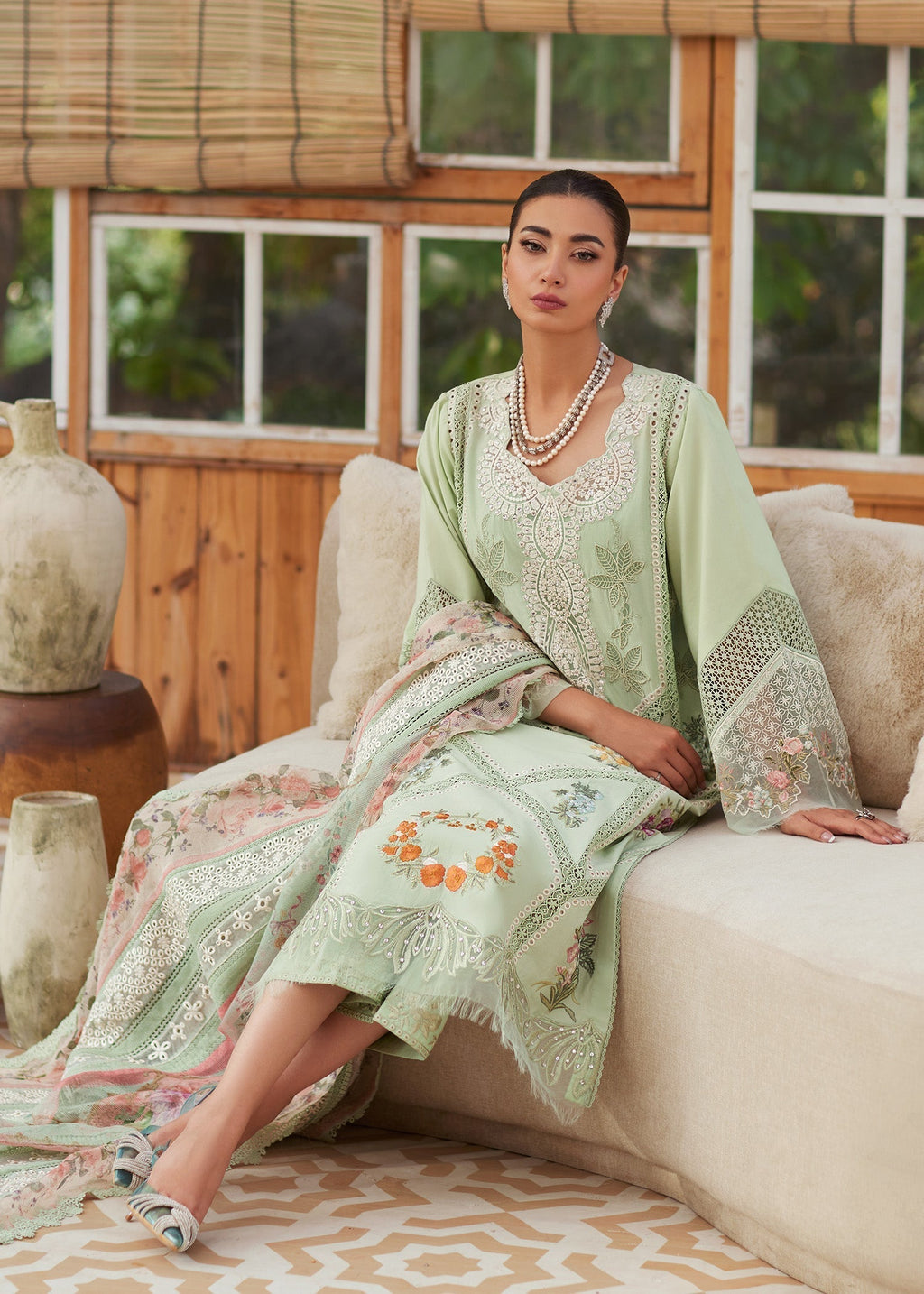 3PC LAWN CHIKAANKARI EMBROIDERED SHIRT WITH CHIFOON PRINTED DUPATTA AND EMB TROUSER-BIC-4748