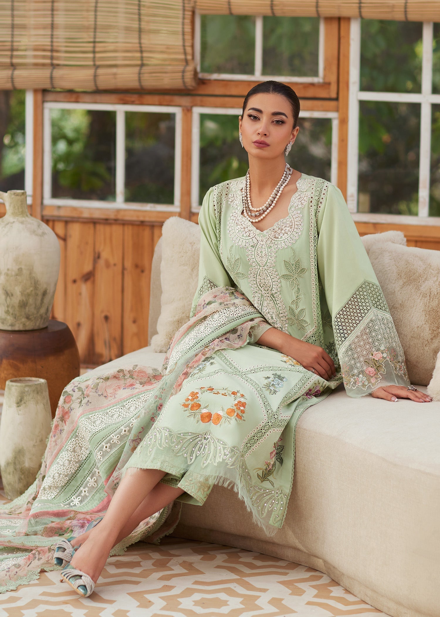 3PC LAWN CHIKAANKARI EMBROIDERED SHIRT WITH CHIFOON PRINTED DUPATTA AND EMB TROUSER-BIC-4748