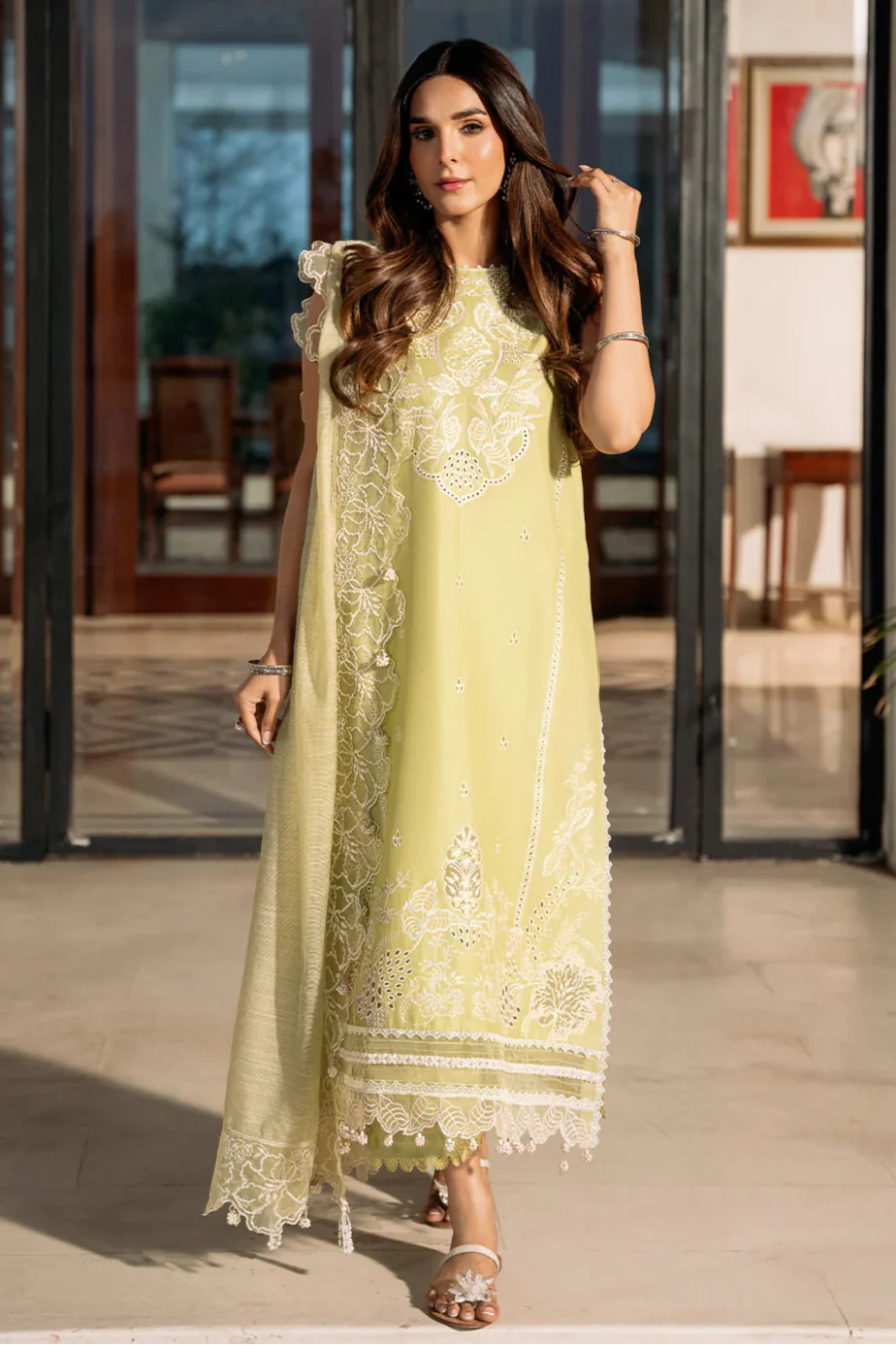 3 Piece LAWN EMBROIDERED SHIRT WITH KHAADI NET EMBROIDERED DUPATTA AND TROUSER-4503